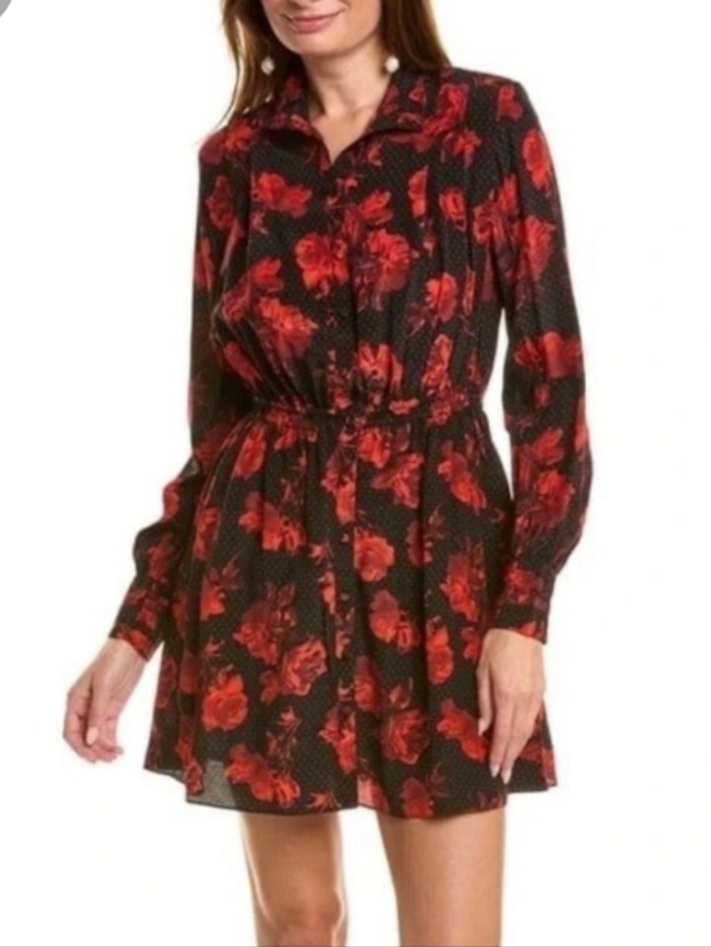 The Kooples Dots & Roses Black Silk Dress FR 2 Red Floral Long Sleeve High Neck,